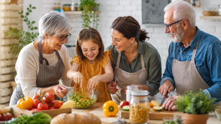 une famille de plusieurs ages fait la cuisine pour illusrter le Marketing générationnel