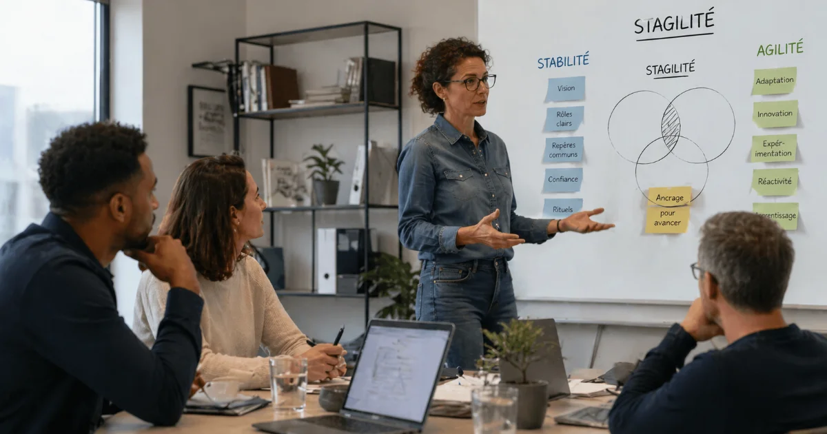 Illustration de la stagilité, concept qui désigne l’équilibre entre stabilité pour les collaborateurs et agilité pour l’organisation