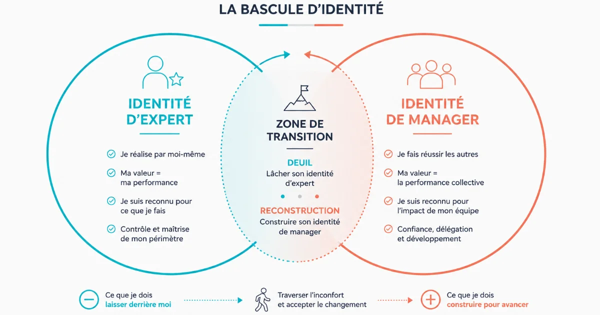 Du métier d'expert à l'identité de manager, schéma de la transition