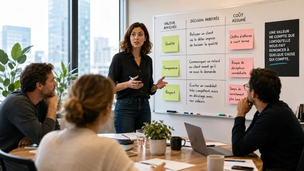 un groupe de travail identifie les valeurs de leur entreprise