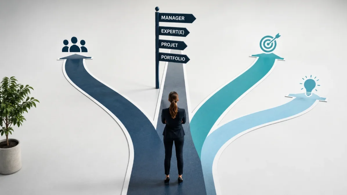 schéma de la carrière en Y séparant la voie managériale et la voie d'expertise à parité