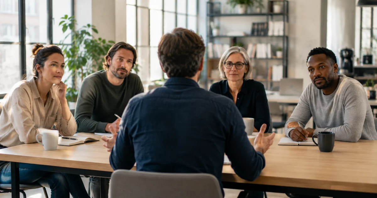 groupe de managers et de salariés échangeants autour d'une table