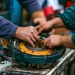 circulation des savoirs avec deux paires de mains, celles d'un technicien expérimenté et celles d'un collègue plus jeune, travaillant ensemble sur la même pièce ouverte