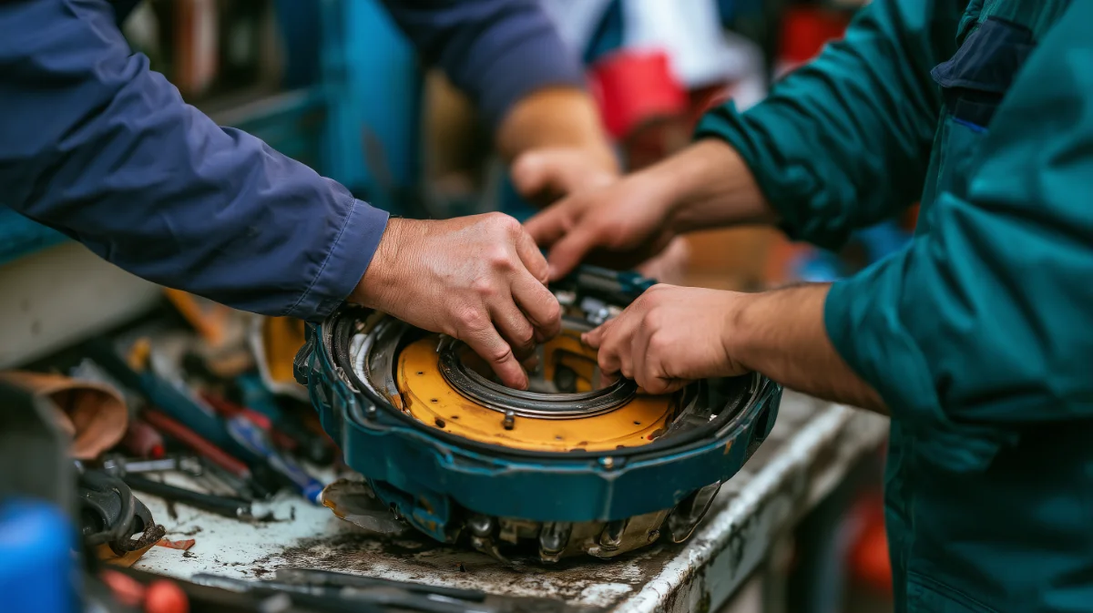 circulation des savoirs avec deux paires de mains, celles d'un technicien expérimenté et celles d'un collègue plus jeune, travaillant ensemble sur la même pièce ouverte