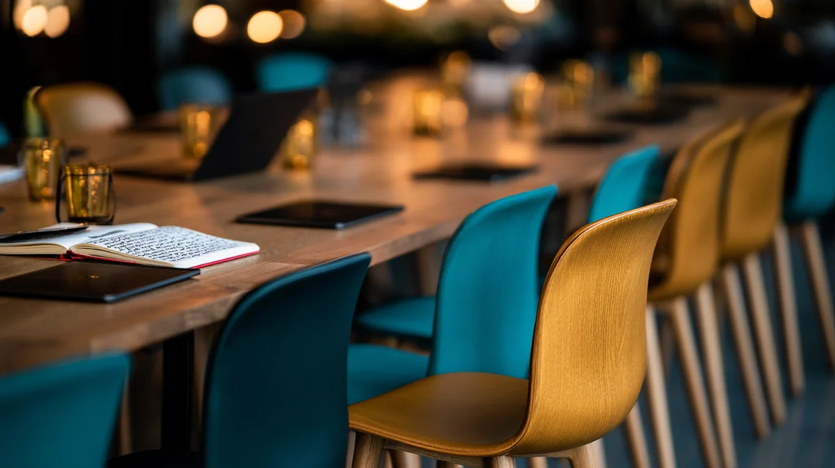 une table de réunion où seules quelques places sont réellement occupées, les autres chaises restant vides et les ordinateurs fermés