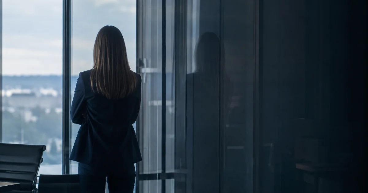 une manager face à une vitre qui renvoie son reflet, image de la connaissance de soi du manager comme miroir organisationnel