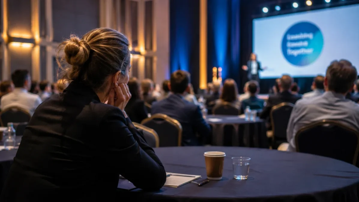 femme seule qui s'ennuie en assistant à une convention d'entreprise