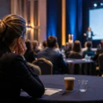 femme seule qui s'ennuie en assistant à une convention d'entreprise