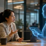 femme palrant à un hologramme pour illustrer un manager remplacé par ia