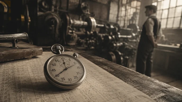 evolution du management représentée par Chronomètre mécanique et feuille de relevé de temps manuscrite posés sur un établi d'atelier ancien, un contremaître flou observant des machines en arrière-plan