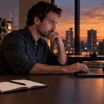 Homme prend un décision managériale dans son bureau en début de soirée avec son ordinateur et un carnet sur son bureau